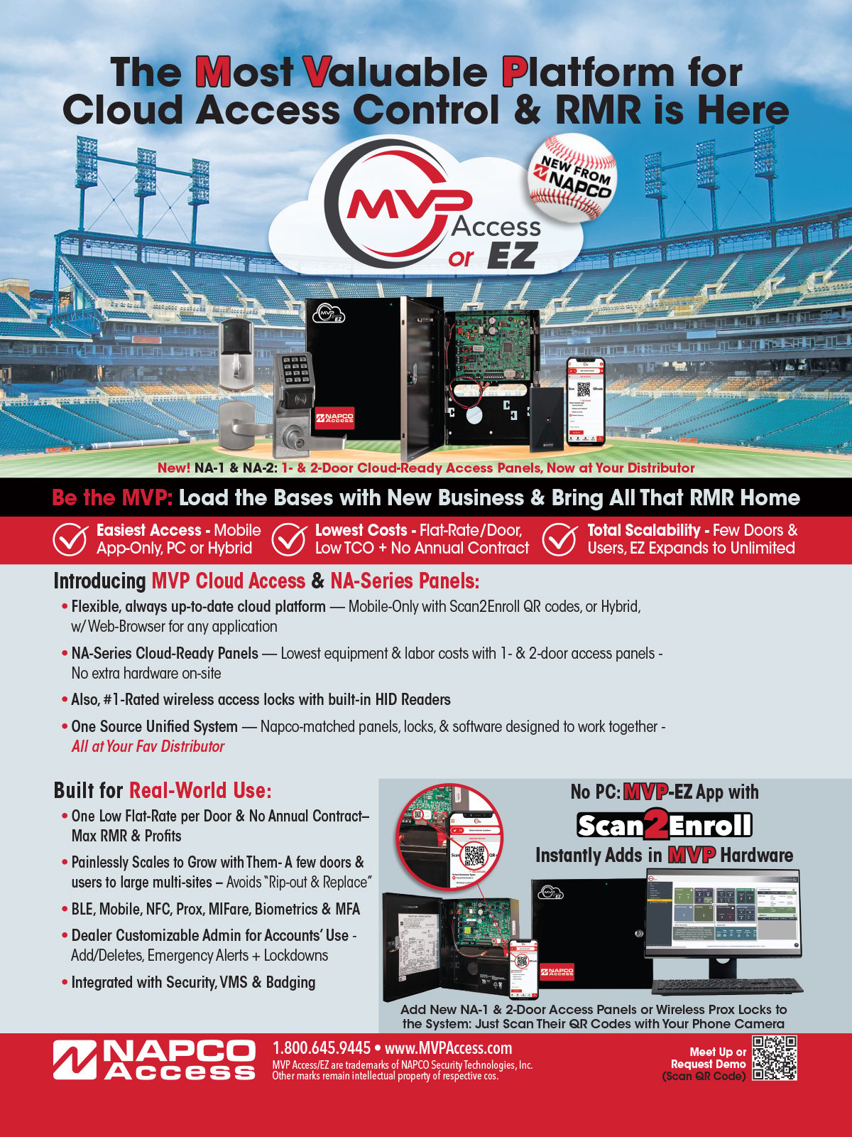 NAPCO MVP Access cloud control for RMR, showing panels, locks, app, and features for scalable security.