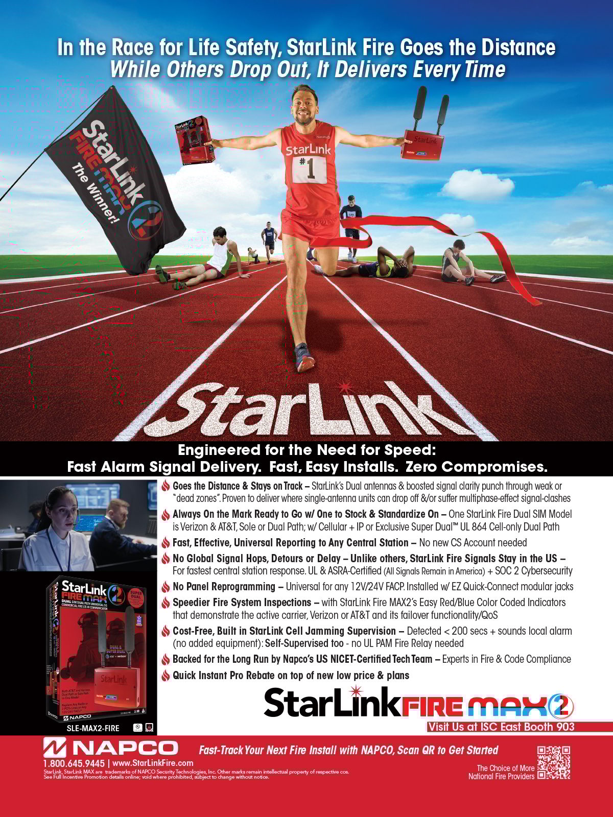 StarLink Fire ad: runner wins race, highlighting fast, reliable fire alarm signals.