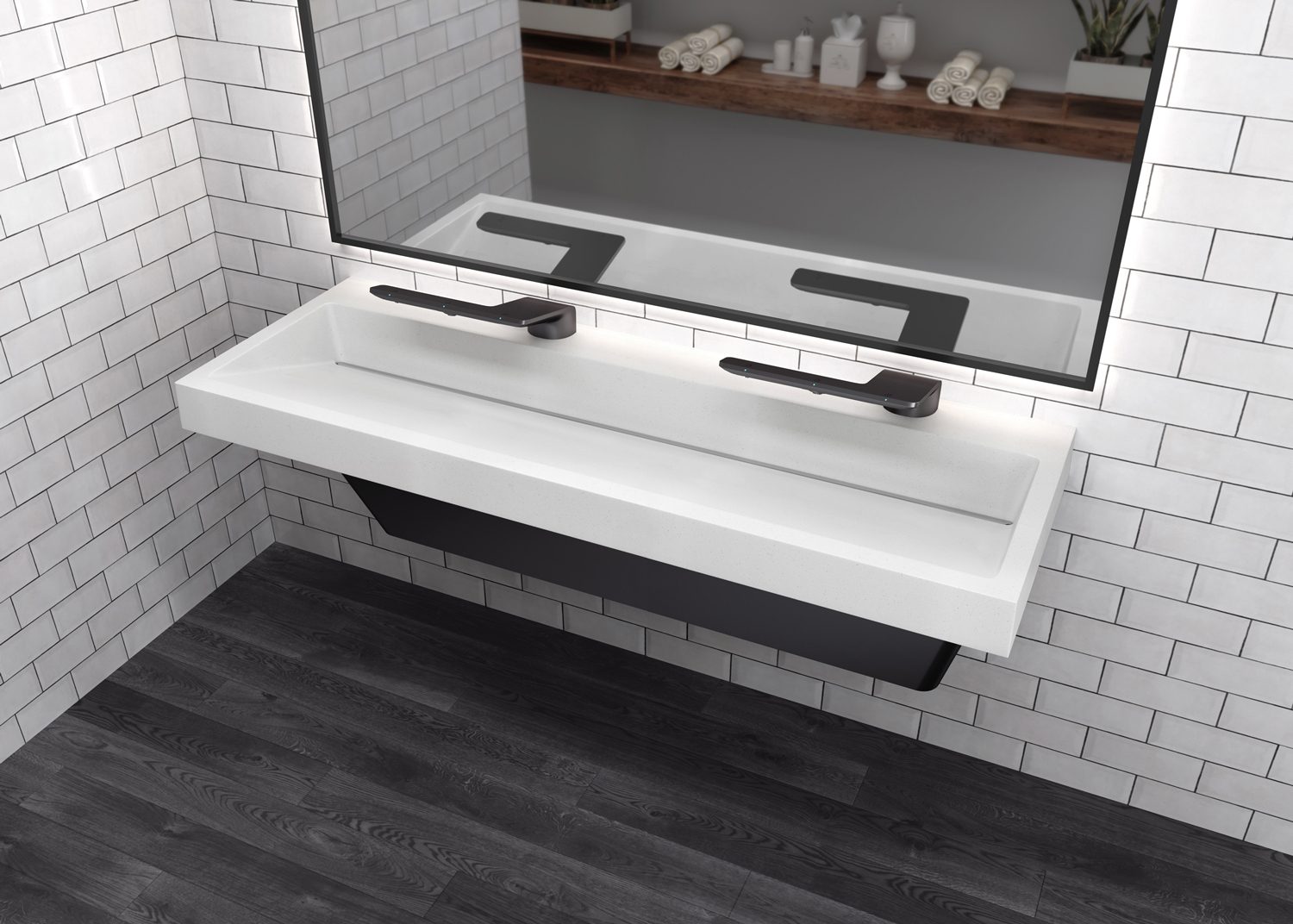 Modern bathroom with white double sink, black faucets, mirror, subway tiles, dark wood floor.