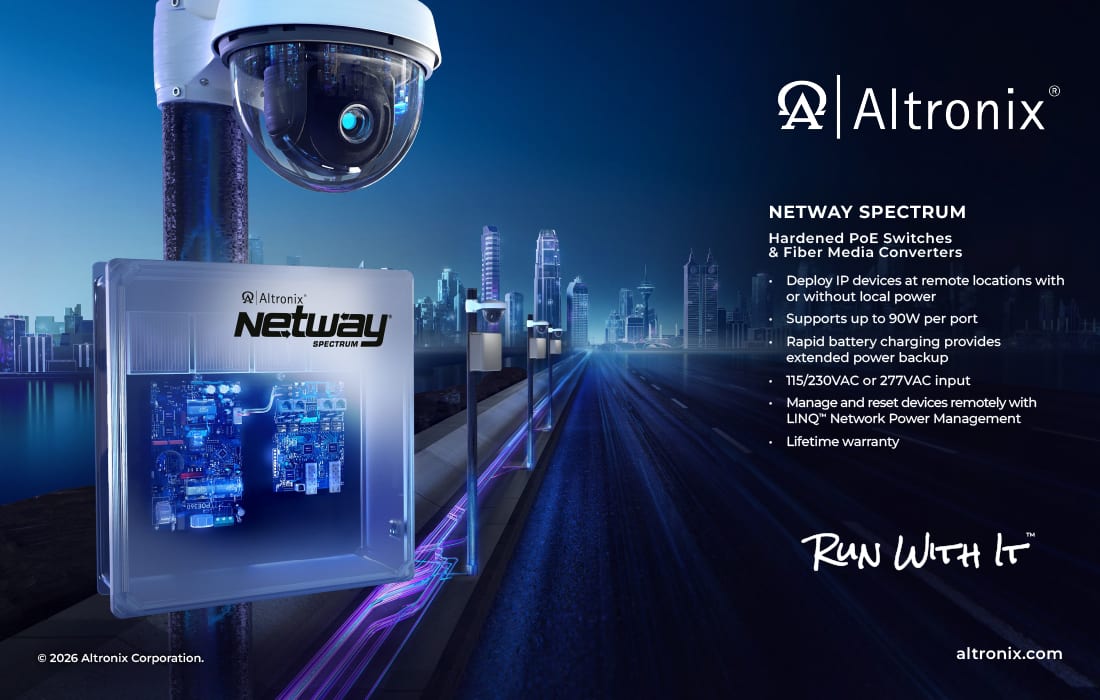 Altronix Netway Spectrum PoE switches and camera against a futuristic city skyline at night.