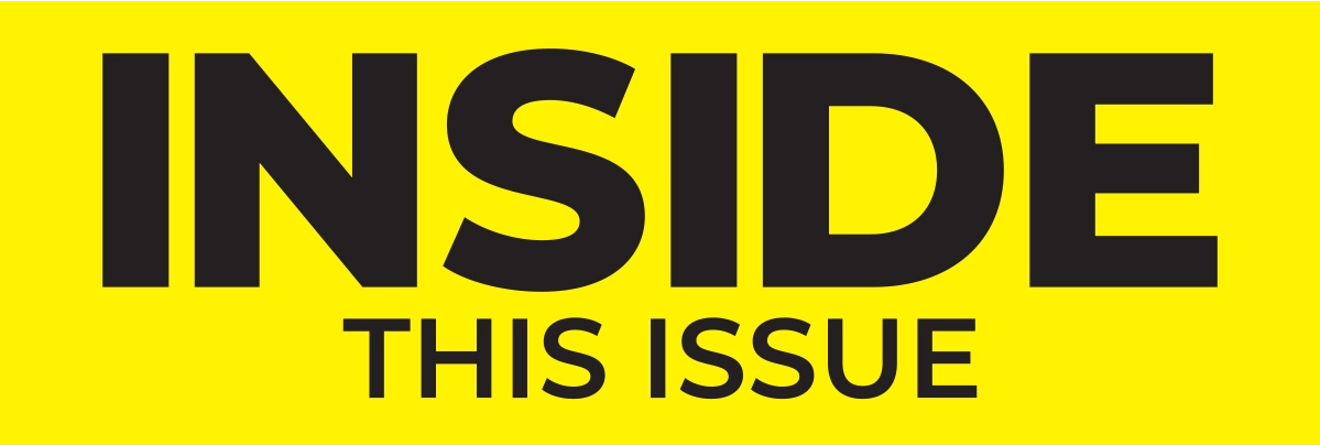Bold black text on a yellow background reading 'INSIDE THIS ISSUE'.