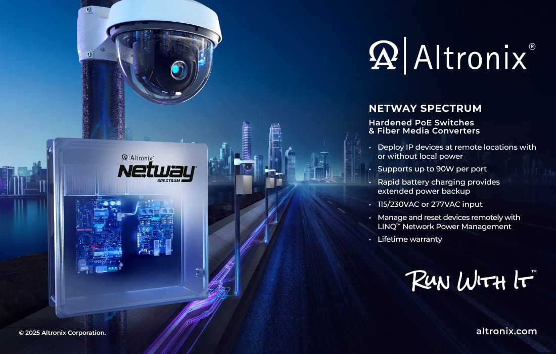 Altronix Netway Spectrum hardened PoE switch powering a security camera in a city setting.