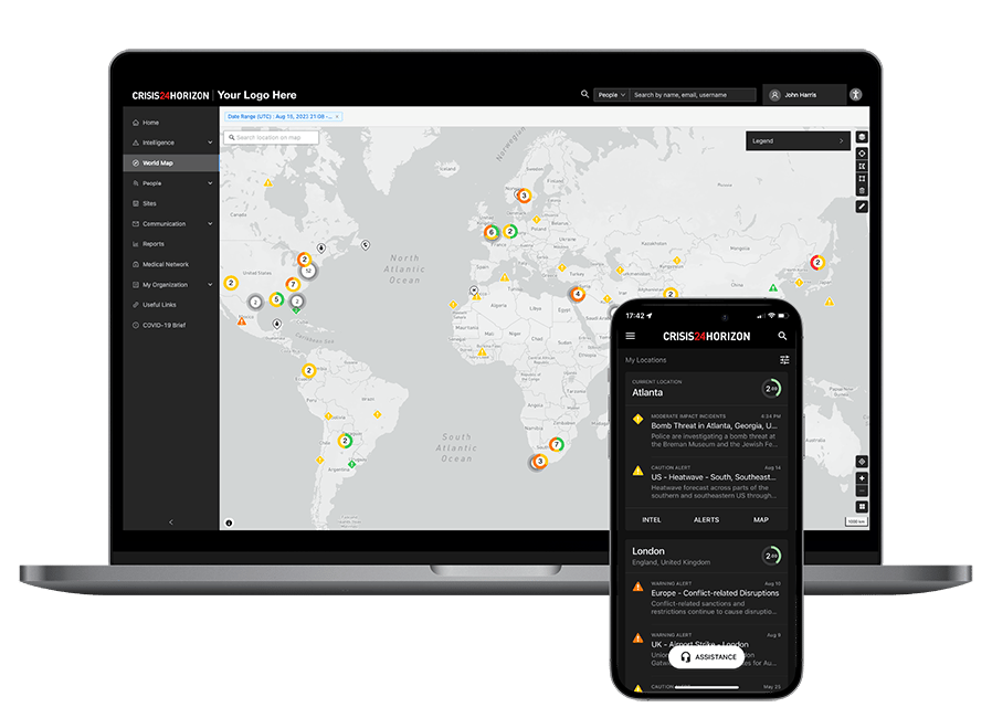 CRISIS24HORIZON app on laptop and phone showing global security alerts and incident maps.