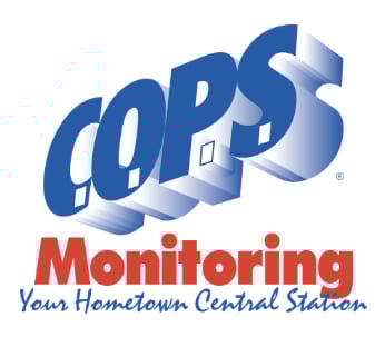 COPS Monitoring logo: Blue 3D 'COPS,' red 'Monitoring,' and 'Your Hometown Central Station' text.