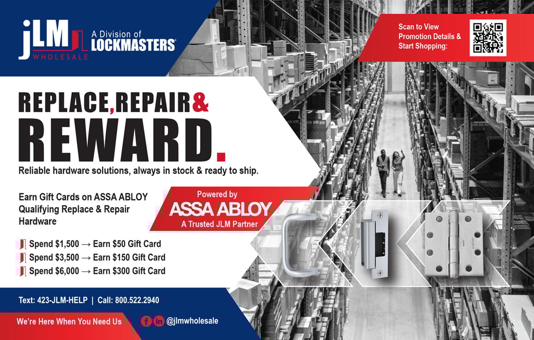 Ad for JLM Wholesale's "Replace, Repair & Reward" program, offering gift cards on ASSA ABLOY hardware.