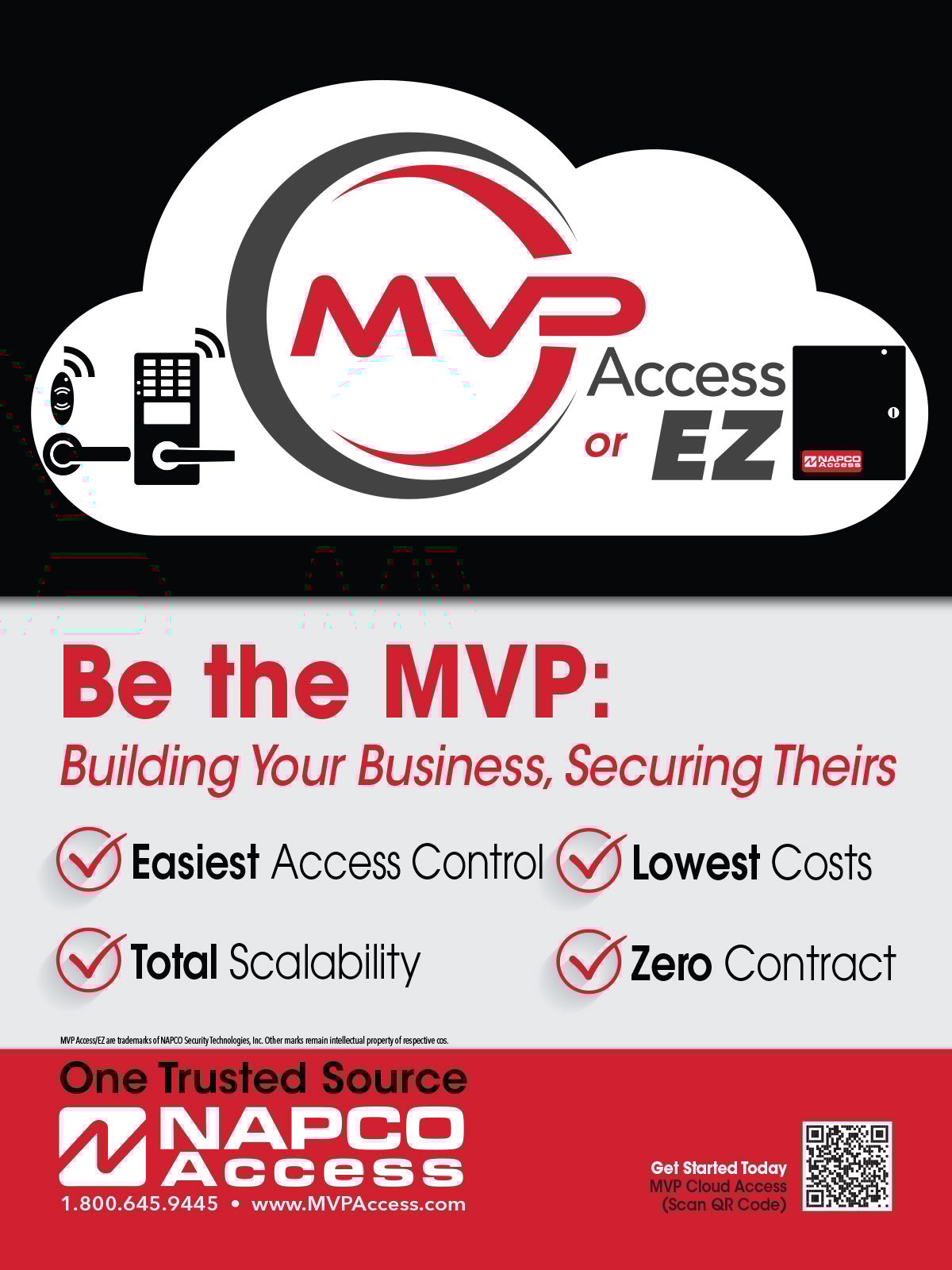 Ad for NAPCO MVP Access, featuring easy control, low costs, scalability, and no contract.