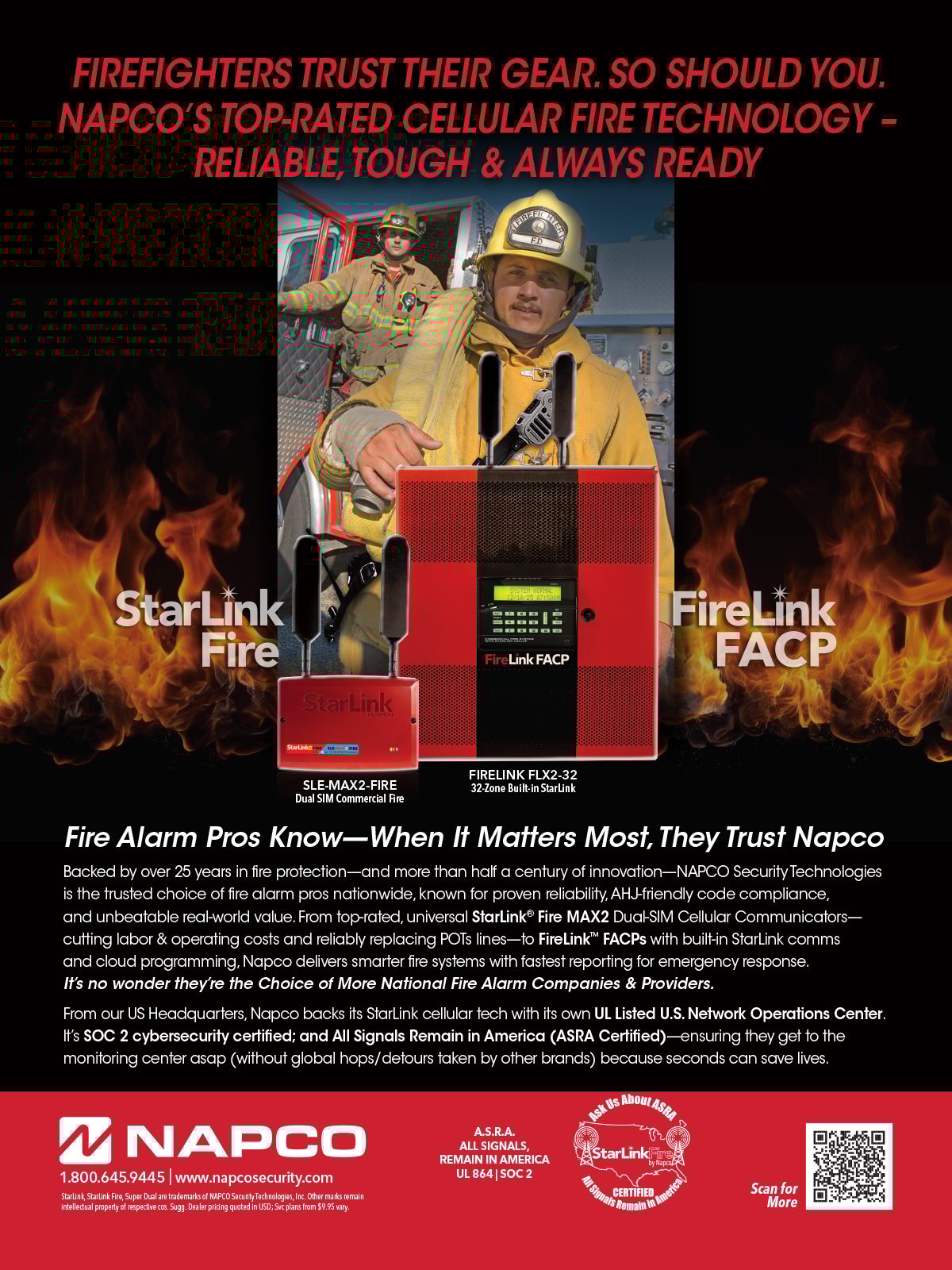 Ad for Napco's StarLink cellular fire technology, highlighting its reliability, rapid reporting, and certifications, featuring firefighters and fire alarm devices.