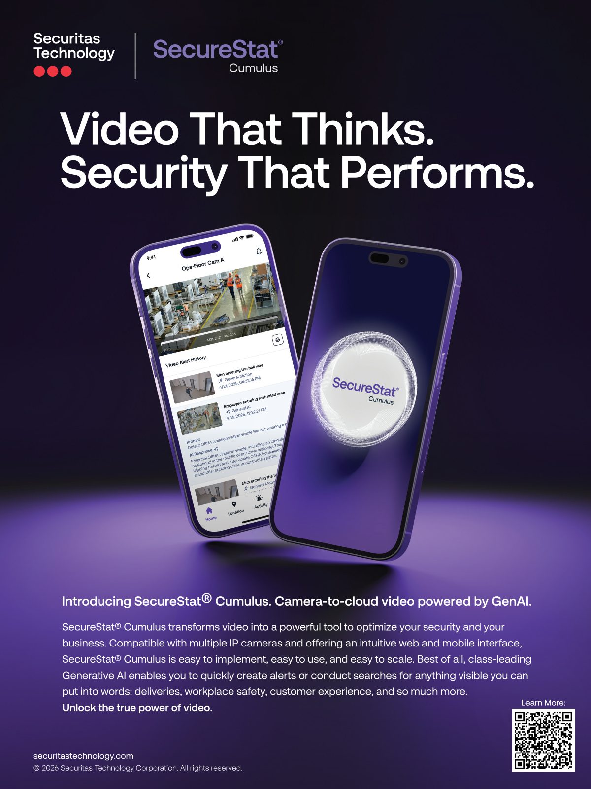 Ad for SecureStat Cumulus, showing two smartphones with video monitoring and its GenAI features.