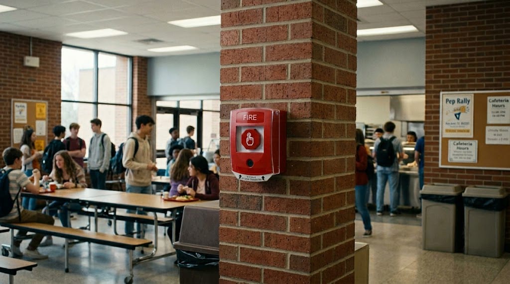 A school cafeteria with students eating and standing, featuring a prominent red fire alarm on a brick pillar.