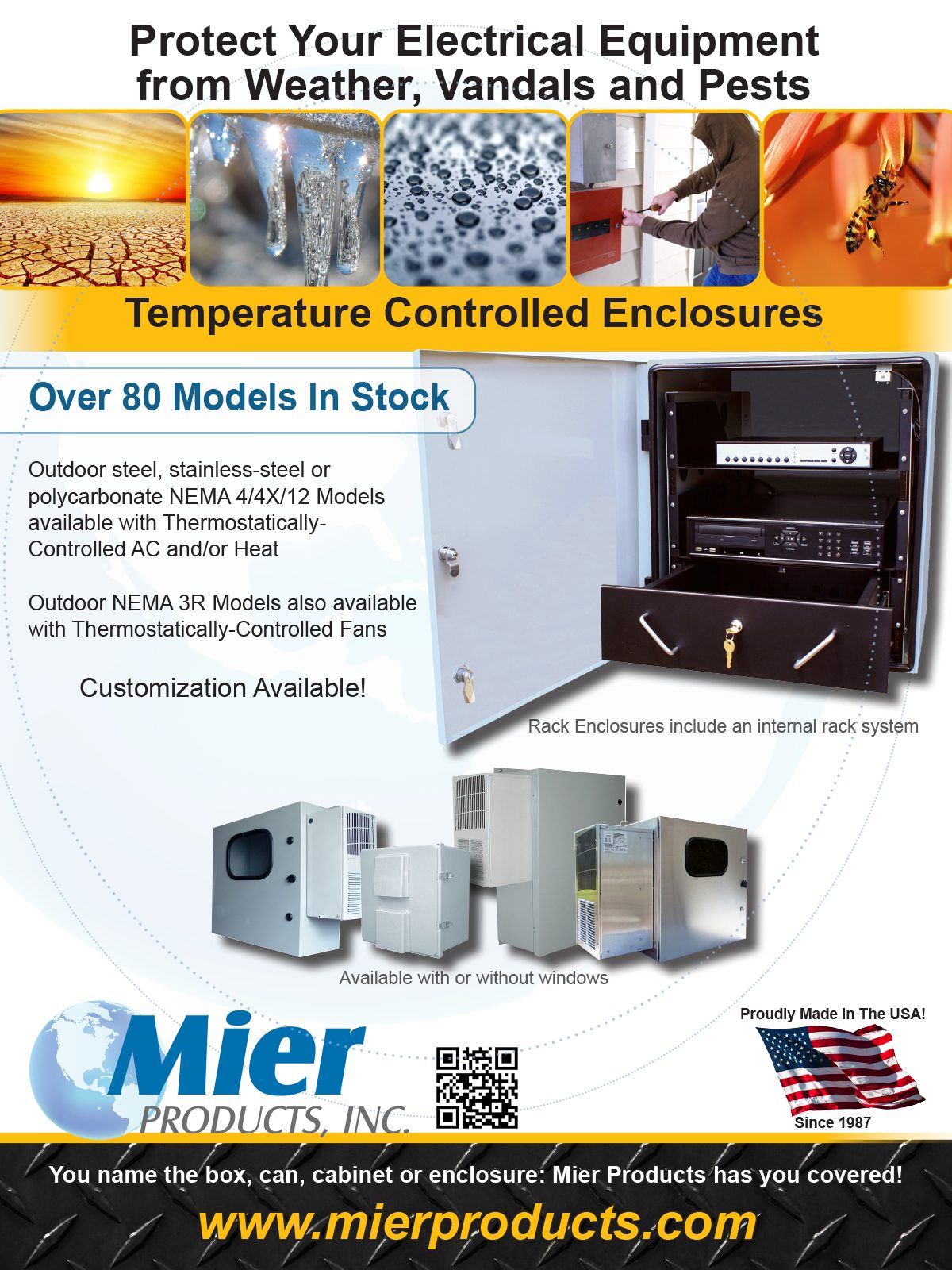 Ad for Mier Products' temperature-controlled electrical enclosures, highlighting over 80 models, customization.