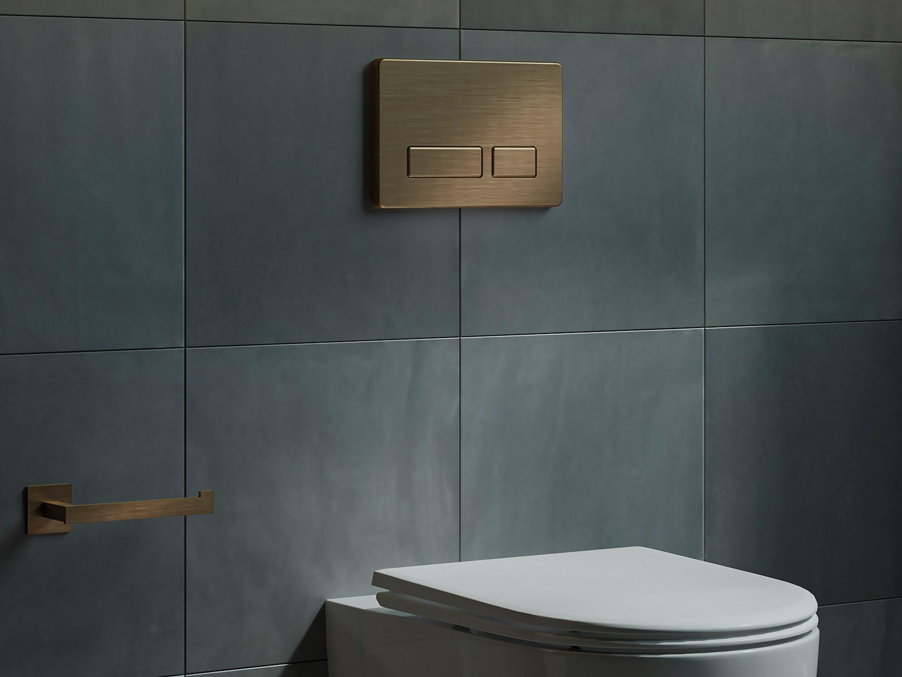 Toilet with brass flush plate and paper holder on dark grey tiled wall.