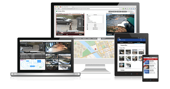 Screens show security monitoring, live video, maps, and events across devices.