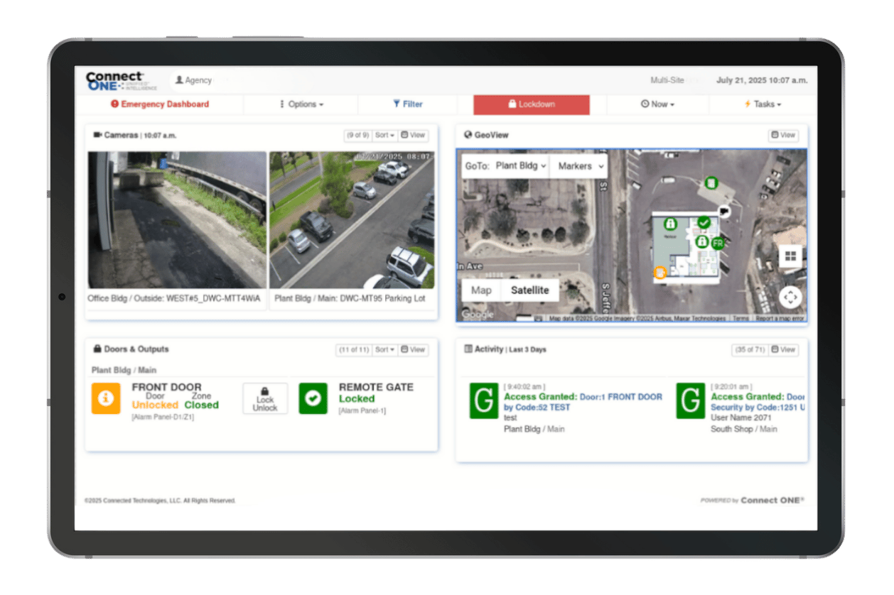 Tablet showing Connect ONE security dashboard with cameras, map, door status, and activity logs.