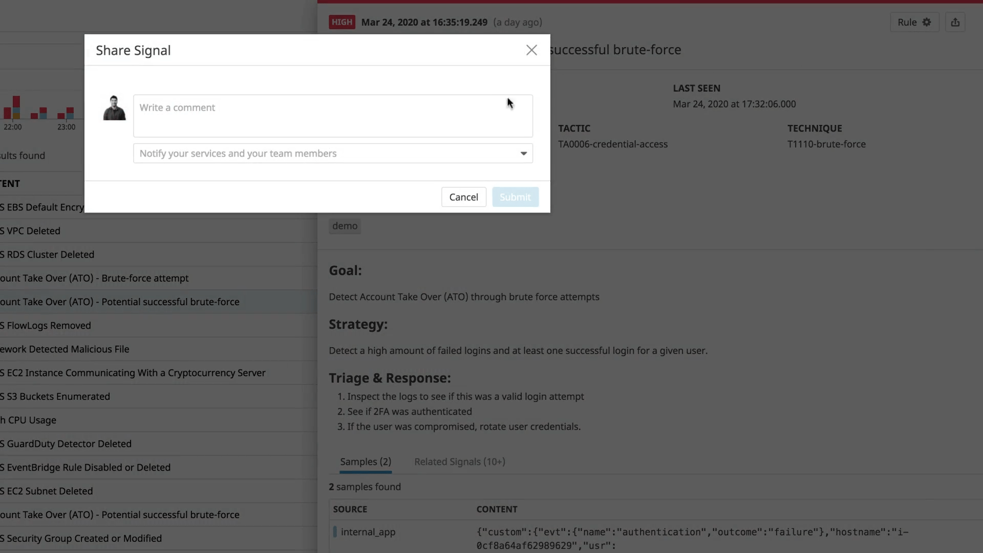 Share Signal modal with input fields for comment and notifications, on a security dashboard.