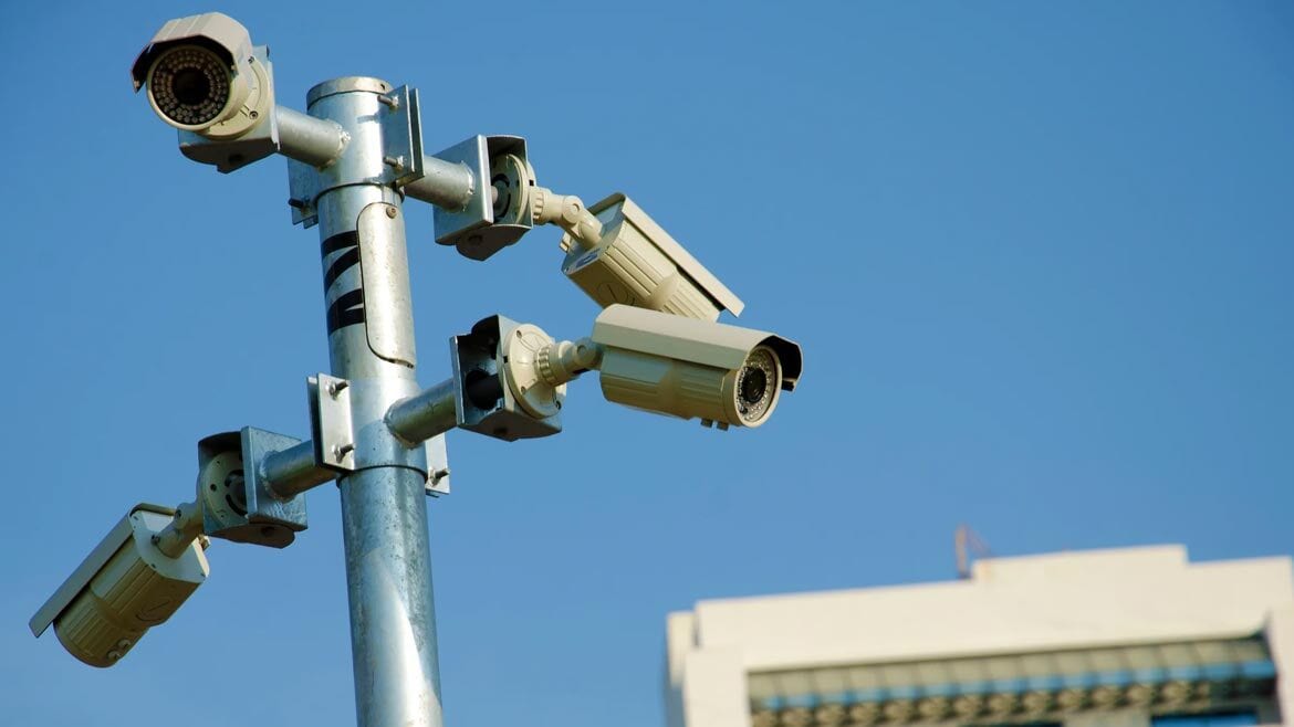 Surveillance camera, Street light, Sky, Security, Building