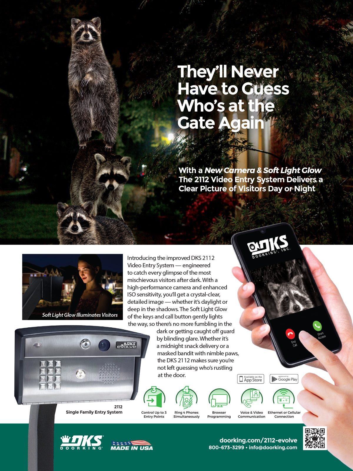 Ad for Doorking 2112 video entry system: raccoons illustrate clear night vision at the gate.