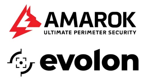 Logos for AMAROK ULTIMATE PERIMETER SECURITY with a red wolf and evolon with a target symbol.
