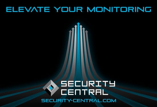 Security Central logo, 'Elevate Your Monitoring' with upward arrows, and security-central.com.
