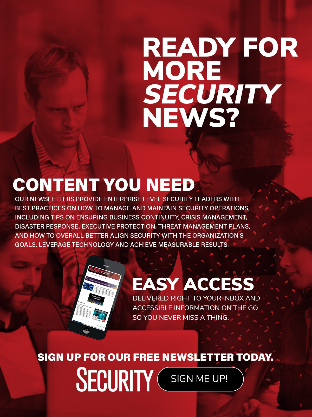 Advertisement for a security newsletter with people, a phone, and "Ready for more Security News?" text.