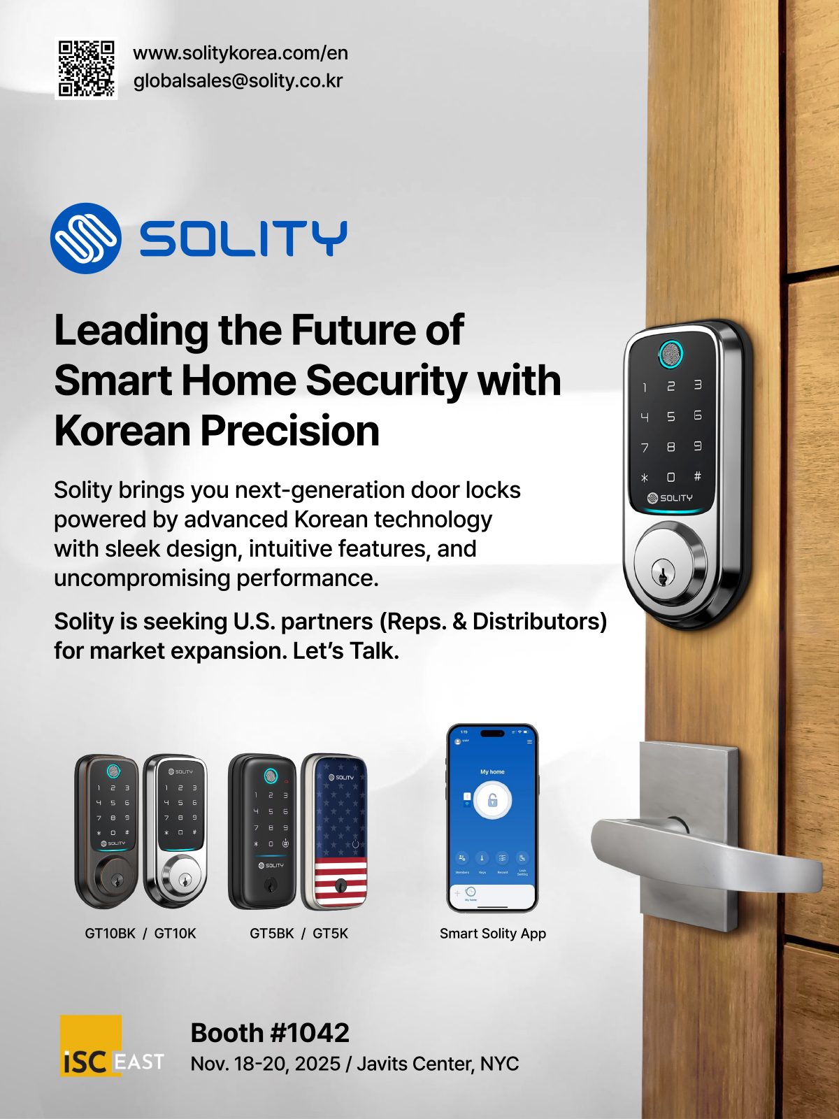 Solity smart door locks, Korean precision. Seeking US partners. ISC EAST Booth #1042.