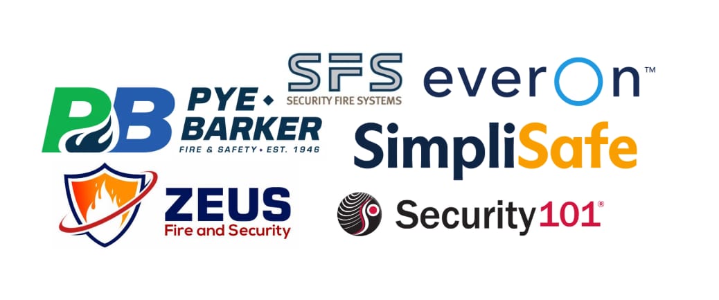 Logos of fire and security companies: Pye Barker, SFS, EverOn, SimpliSafe, Zeus, Security101.