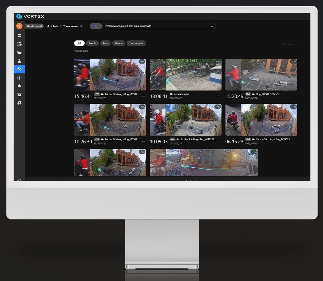 VORTEX AI Hub interface displaying video surveillance results for a person on a motorcycle in a red shirt.