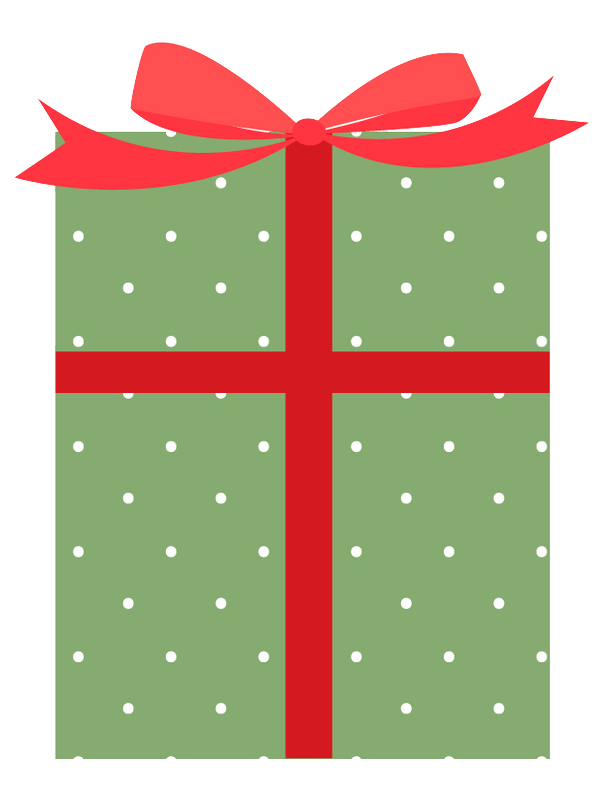 Green polka-dot gift box with red ribbon and bow.