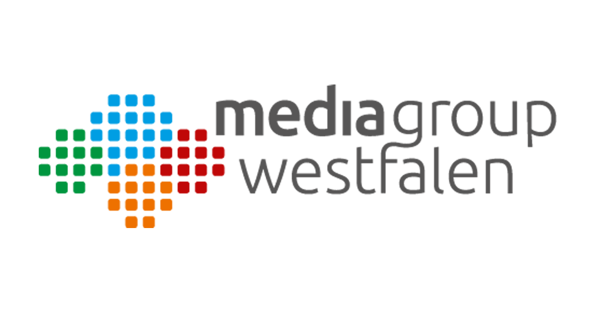 Logo of "mediagroup westfalen" with a multi-colored square cross icon.