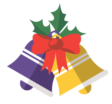 Purple and yellow Christmas bells tied with a red bow and holly.