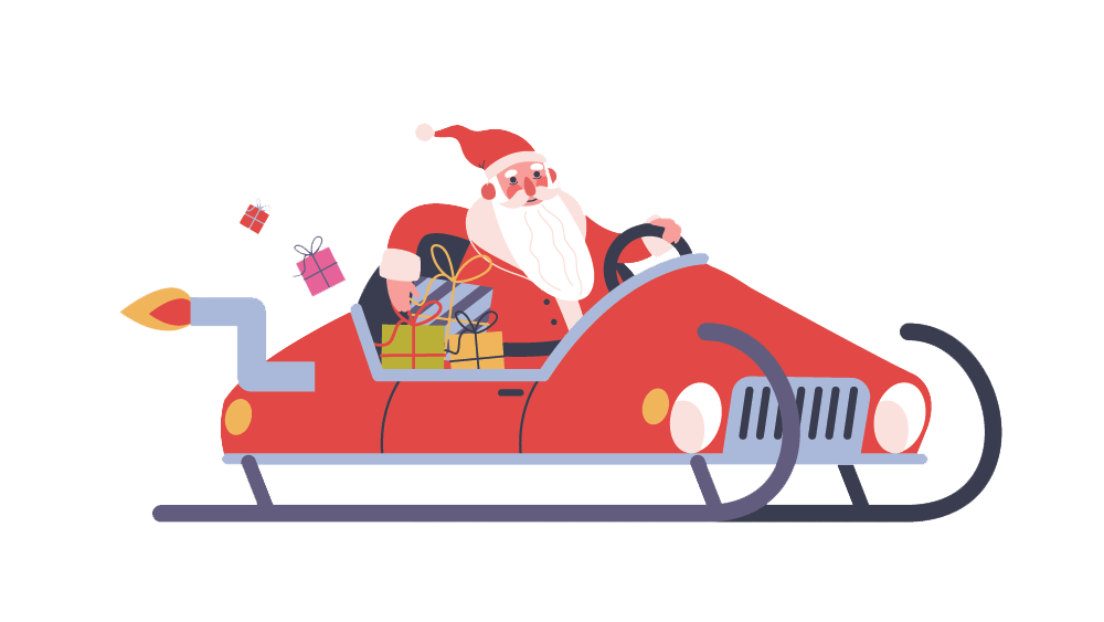 Santa in a red, futuristic car-sleigh with gifts, some flying out. Green background.
