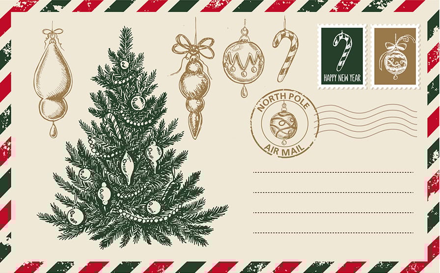 Vintage Christmas postcard with a decorated tree, hanging ornaments, stamps, and a North Pole postmark.
