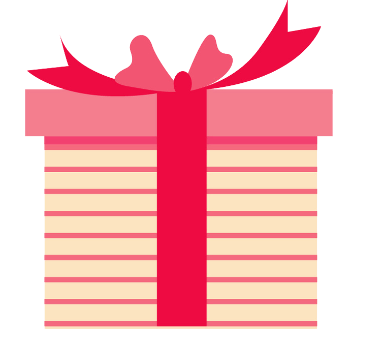 A pink and red striped gift box with a red bow.