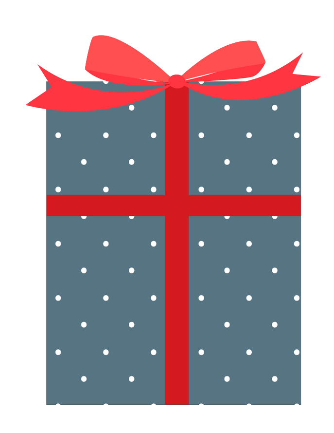 Blue gift box with white polka dots and red ribbon/bow.