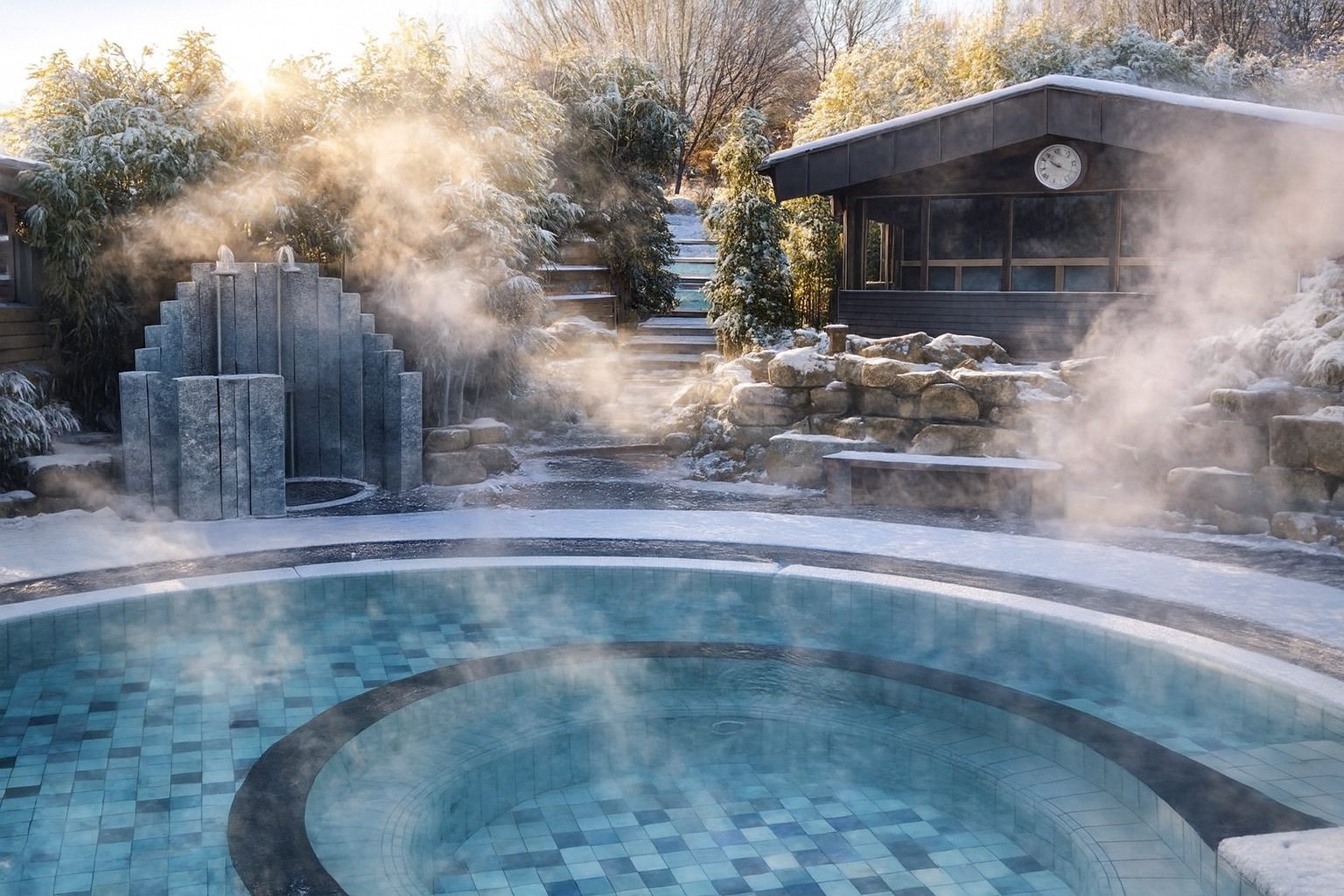 Outdoor hot tub steaming in a snowy winter landscape with a stone fountain and building.