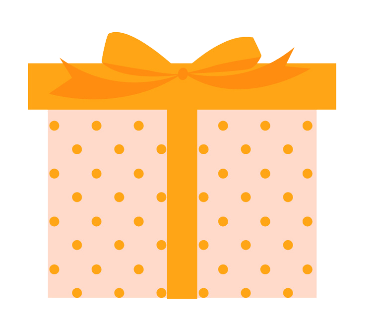 Pink gift box with orange polka dots and an orange bow.