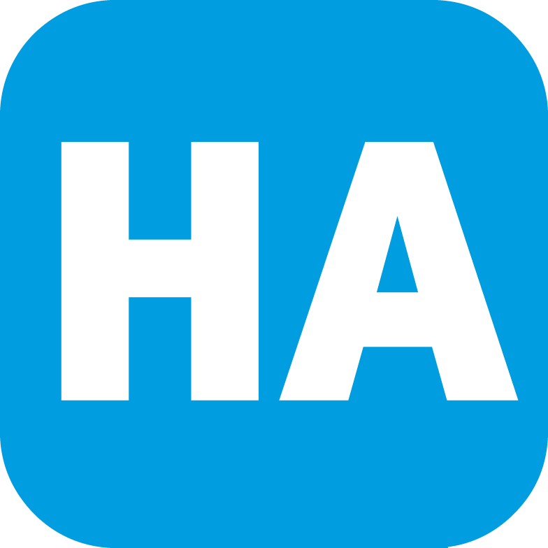 White HA on a blue rounded square background.