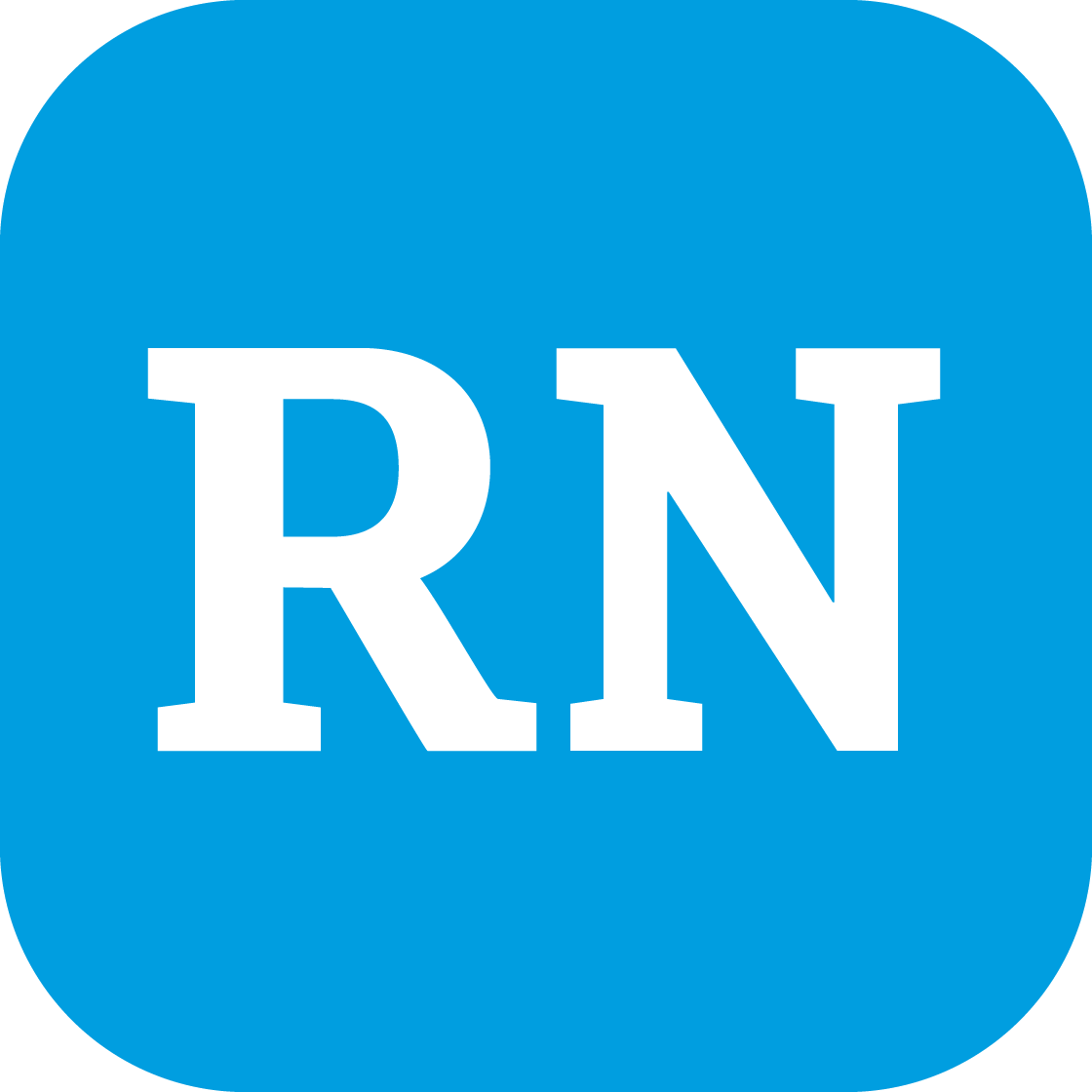 Blue logo with white "RN" letters.