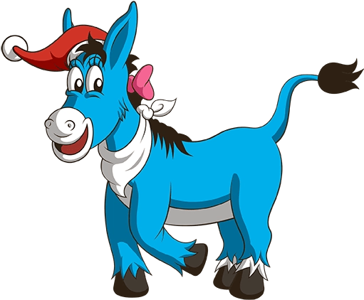 Smiling blue donkey cartoon in a Santa hat.