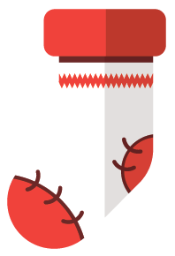 Red and white Christmas stocking with decorative stitches.