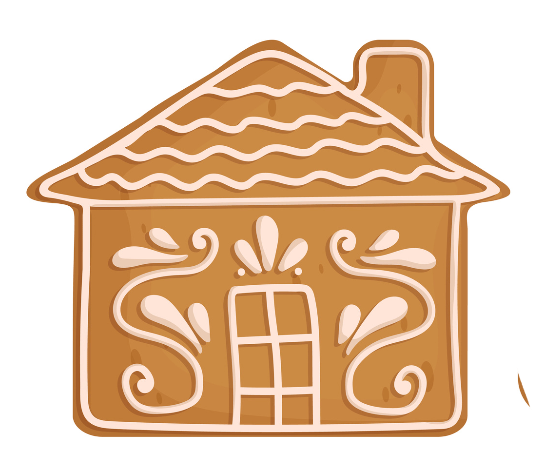 Gingerbread house decorated with white icing.