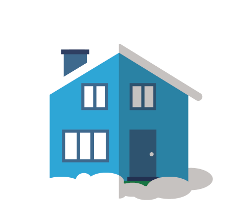 Blue house with chimney smoke and snow.