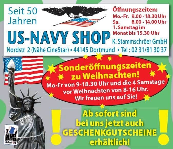 Advertisement for US-Navy Shop: 50 years, opening hours, Christmas hours, gift vouchers.