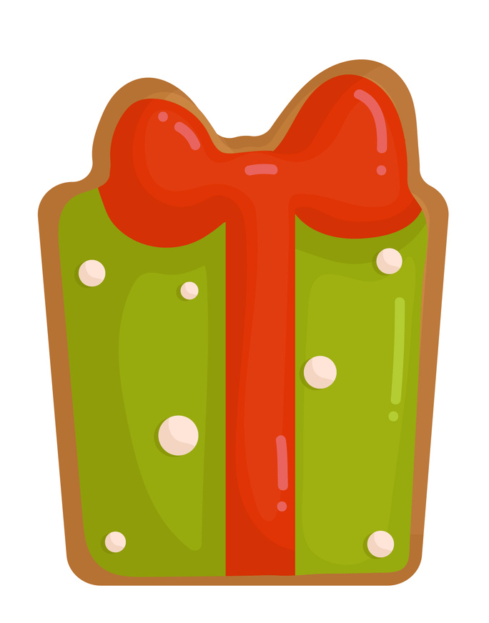 Green gingerbread gift cookie with a red bow and white sprinkles.