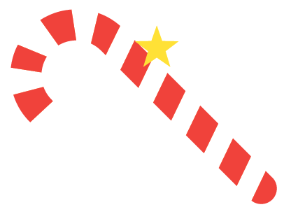 Red and white striped candy cane with a yellow star on a dark green background.