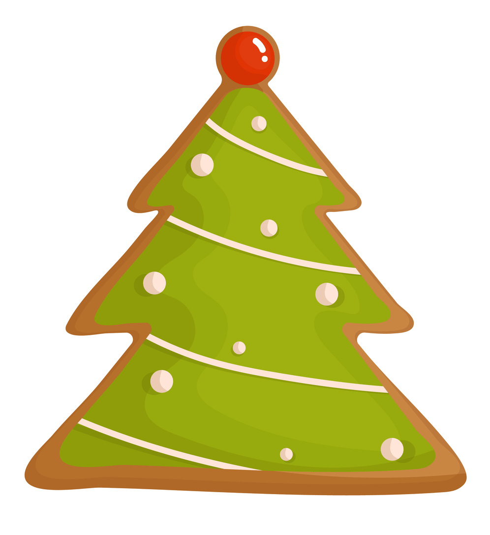 A green Christmas tree cookie with white decorations and a red top.