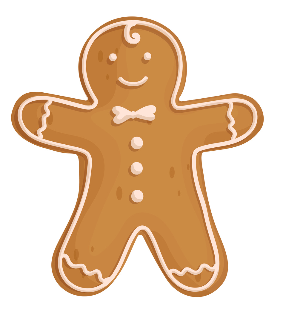 A cartoon gingerbread man cookie with white icing.