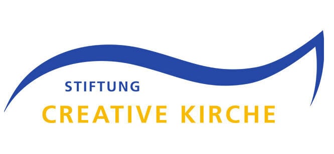 STIFTUNG CREATIVE KIRCHE logo with blue wave.