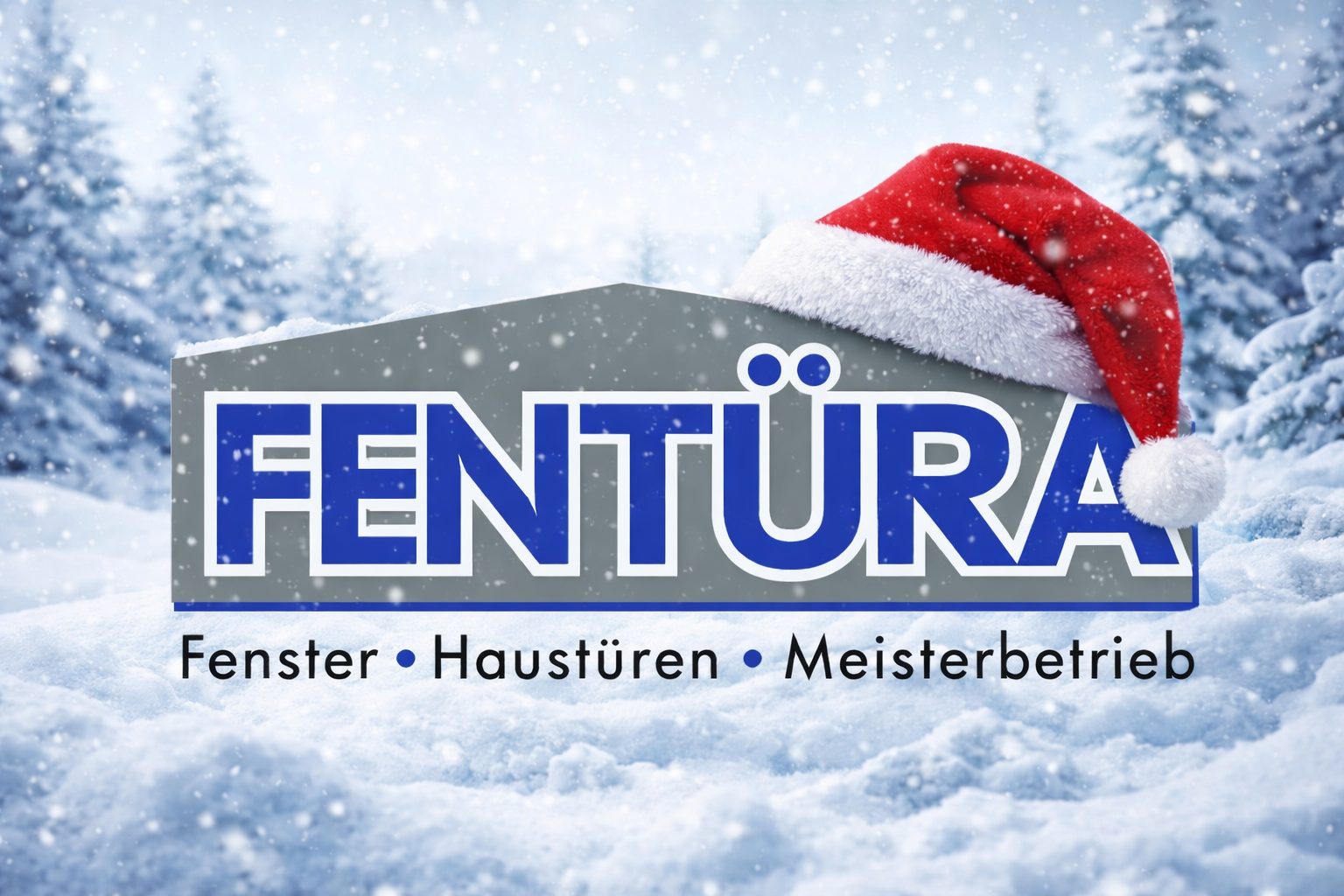 FENTÜRA house logo with Santa hat in a snowy forest. Text: Fenster, Haustüren, Meisterbetrieb.