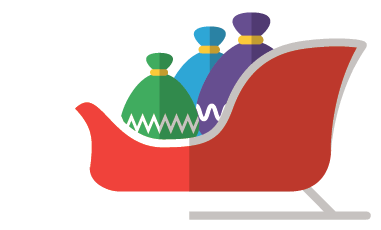 Red sleigh with three colorful gift bags.