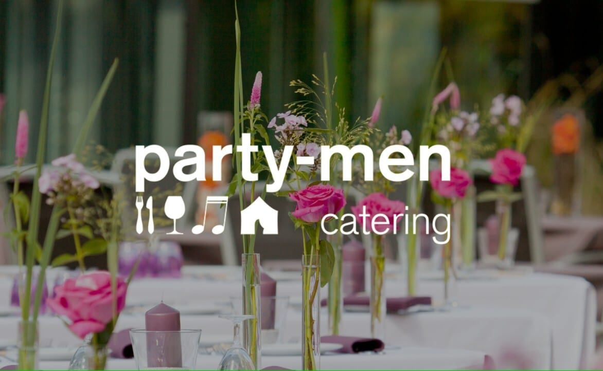 party-men catering logo with icons for food, drink, music, and venue, on a floral table background.